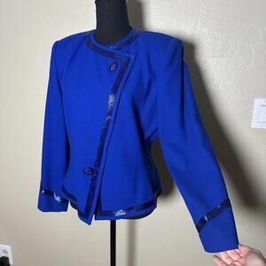 Vintage 80s Electric Blue Beaded Trim Jacket Structured Evening Blazer Statement